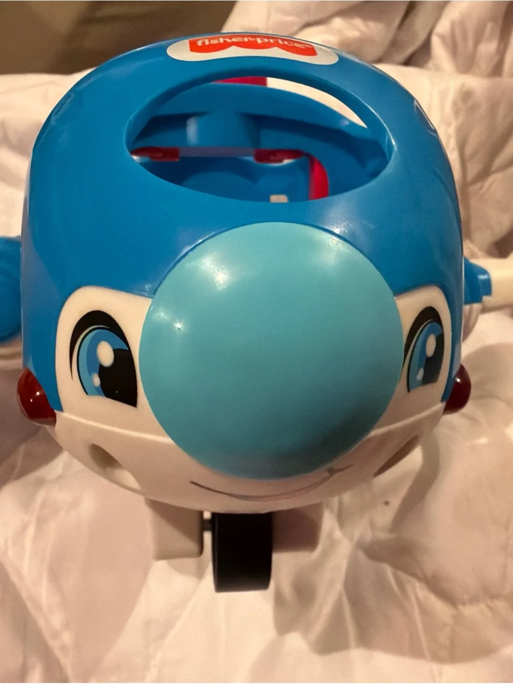 Fisher-Price Blue and White Toy Airplane with Red Button